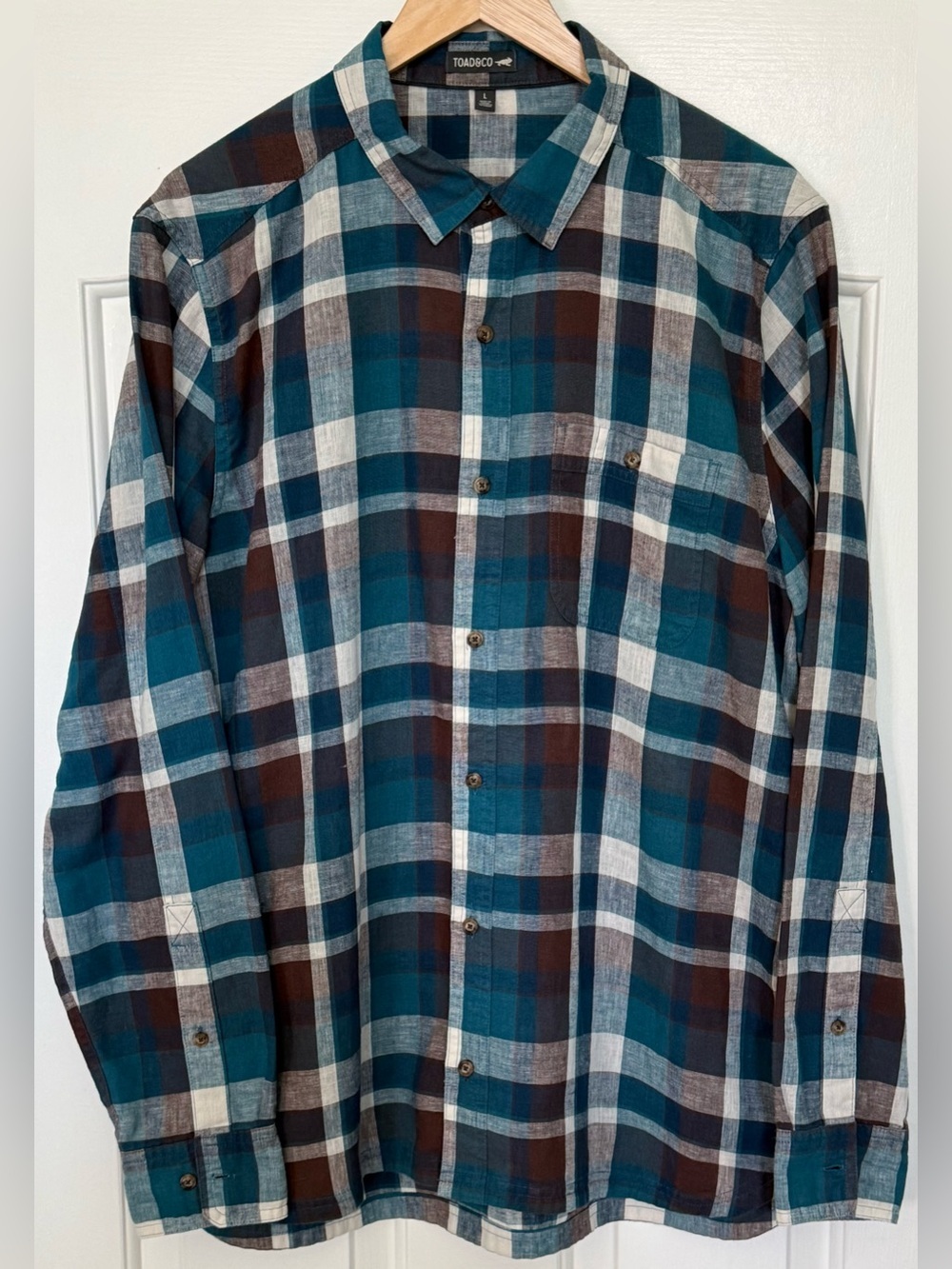 Toad&Co Peak Season LS Shirt Mens Large Linen Blend Plaid Button Down Blue L